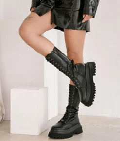 Bosanova Plateformes | Bottes Semelles Track | Bottes hautes noires à lacets