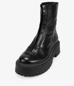 Bosanova Bottes Militaires | Bottes De Plateforme | Bottines en cuir noir avec fermeture éclair sur le devant et plateforme