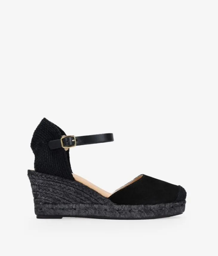 Bosanova Espadrilles | Sandales Compensées | Espadrilles en cuir noir avec boucle