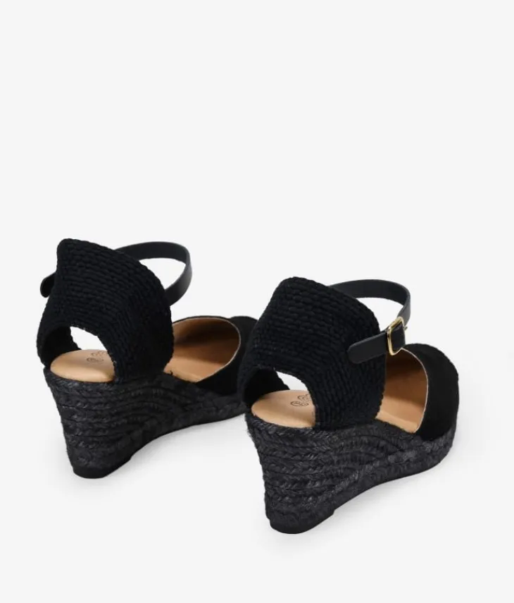Bosanova Espadrilles | Sandales Compensées | Espadrilles en cuir noir avec boucle