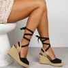 Bosanova Espadrilles | Sandales Compensées | Espadrilles noires à semelle compensée en sparte et dentelle