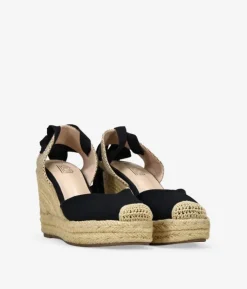Bosanova Espadrilles | Sandales Compensées | Espadrilles noires à semelle compensée en sparte et dentelle