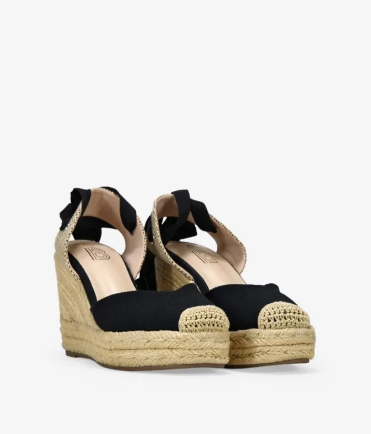 Bosanova Espadrilles | Sandales Compensées | Espadrilles noires à semelle compensée en sparte et dentelle