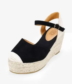 Bosanova Espadrilles | Sandales Compensées | Espadrilles noires avec bracelet et talon compensé en sparte