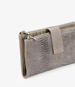 Femme Bosanova Portefeuilles | Grand portefeuille en cuir taupe imprimé animalier avec zip et bouton