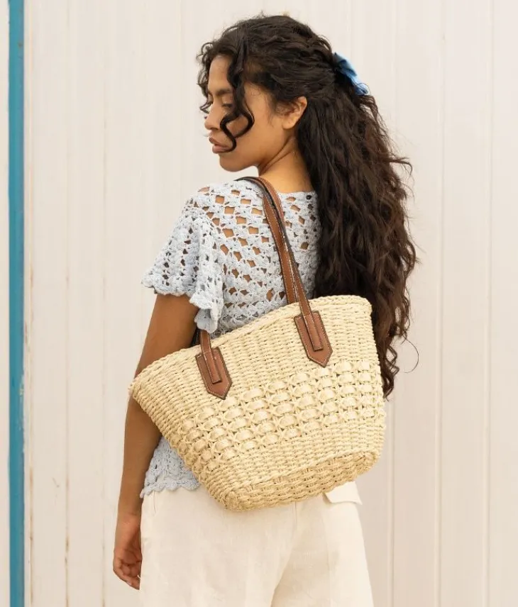 Bosanova Sacs Raphia Et Crochet | Sacs Porté Épaule | Nacelle en raphia beige avec fermeture éclair