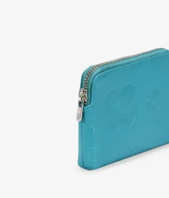 Femme Bosanova Porte-monnaie | Petit sac à main en cuir bleu avec fleurs et fermeture éclair