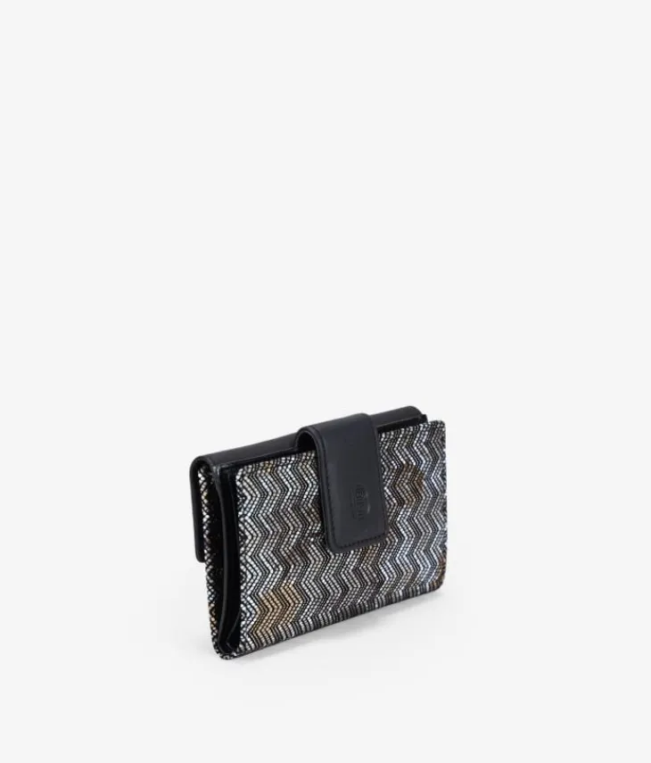 Femme Bosanova Portefeuilles | Portefeuille moyen en cuir noir avec imprimé métallisé