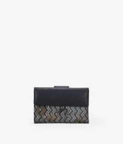 Femme Bosanova Portefeuilles | Portefeuille moyen en cuir noir avec imprimé métallisé