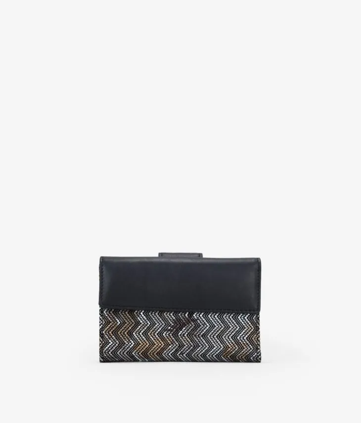 Femme Bosanova Portefeuilles | Portefeuille moyen en cuir noir avec imprimé métallisé