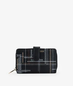 Femme Bosanova Portefeuilles | Portefeuille noir moyen avec surpiqûres, fermeture éclair et rabat avec bouton.