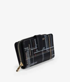 Femme Bosanova Portefeuilles | Portefeuille noir moyen avec surpiqûres, fermeture éclair et rabat avec bouton.