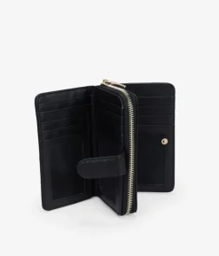 Femme Bosanova Portefeuilles | Portefeuille noir moyen avec surpiqûres, fermeture éclair et rabat avec bouton.