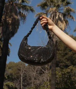 Bosanova Sac Minaudières | Sacs Porté Épaule | Sac à bandoulière noir avec strass et anse repliée
