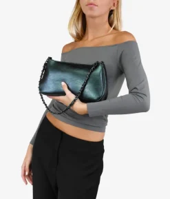 Bosanova Sac Minaudières | Sacs Porté Épaule | Sac à bandoulière vert métallisé avec chaîne