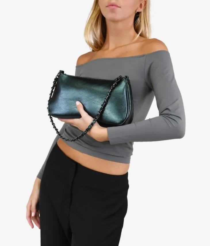 Bosanova Sac Minaudières | Sacs Porté Épaule | Sac à bandoulière vert métallisé avec chaîne