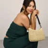 Bosanova Sacs Raphia Et Crochet | Sacs Porté Épaule | Sac bandoulière en raphia beige avec fermeture éclair