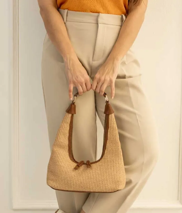 Bosanova Sacs Raphia Et Crochet | Sacs Porté Épaule | Sac bandoulière en raphia beige avec fermeture éclair