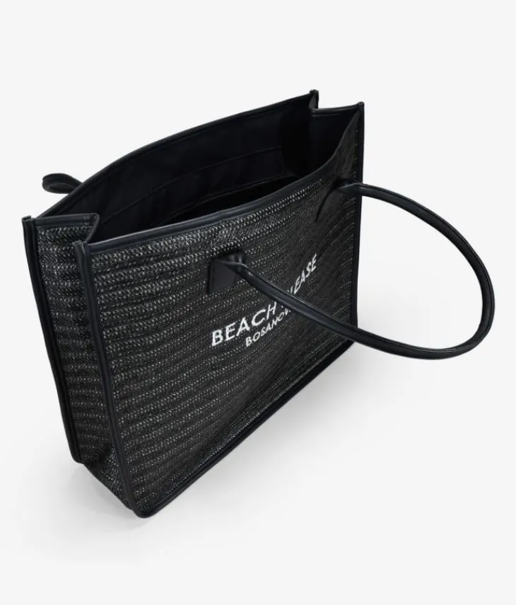 Bosanova Sacs Shopper | Sacs Raphia Et Crochet | Sac cabas en raphia noir avec fermeture éclair