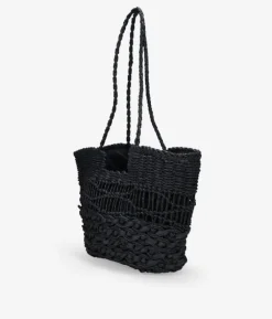 Bosanova Sacs Raphia Et Crochet | Sacs Porté Épaule | Sac cabas noir à bandoulière avec fermeture éclair