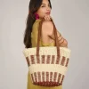 Bosanova Sacs Raphia Et Crochet | Sacs Porté Épaule | Sac cabas porté épaule en raphia beige et bordeaux