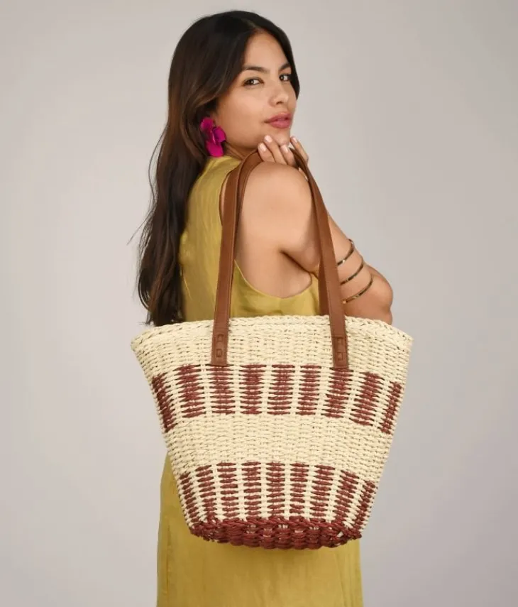 Bosanova Sacs Raphia Et Crochet | Sacs Porté Épaule | Sac cabas porté épaule en raphia beige et bordeaux