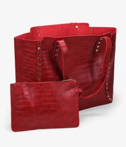 Bosanova Sacs Shopper | Sacs Porté Épaule | Sac cabas rouge gravé imprimé animalier avec clous