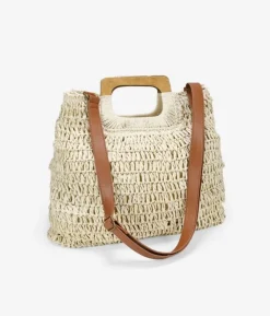 Bosanova Sacs Raphia Et Crochet | Sacs À Main | Sac en raphia beige avec anses en bois