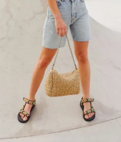 Bosanova Sacs Raphia Et Crochet | Sacs Porté Épaule | Sac en raphia marron avec chaîne