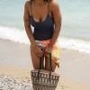 Bosanova Sacs Raphia Et Crochet | Sacs Porté Épaule | Sac fourre-tout beige et noir avec poignées d'épaule