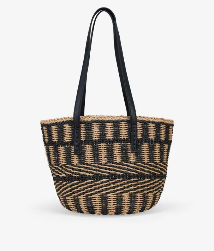 Bosanova Sacs Raphia Et Crochet | Sacs Porté Épaule | Sac fourre-tout beige et noir avec poignées d'épaule