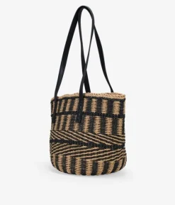 Bosanova Sacs Raphia Et Crochet | Sacs Porté Épaule | Sac fourre-tout beige et noir avec poignées d'épaule