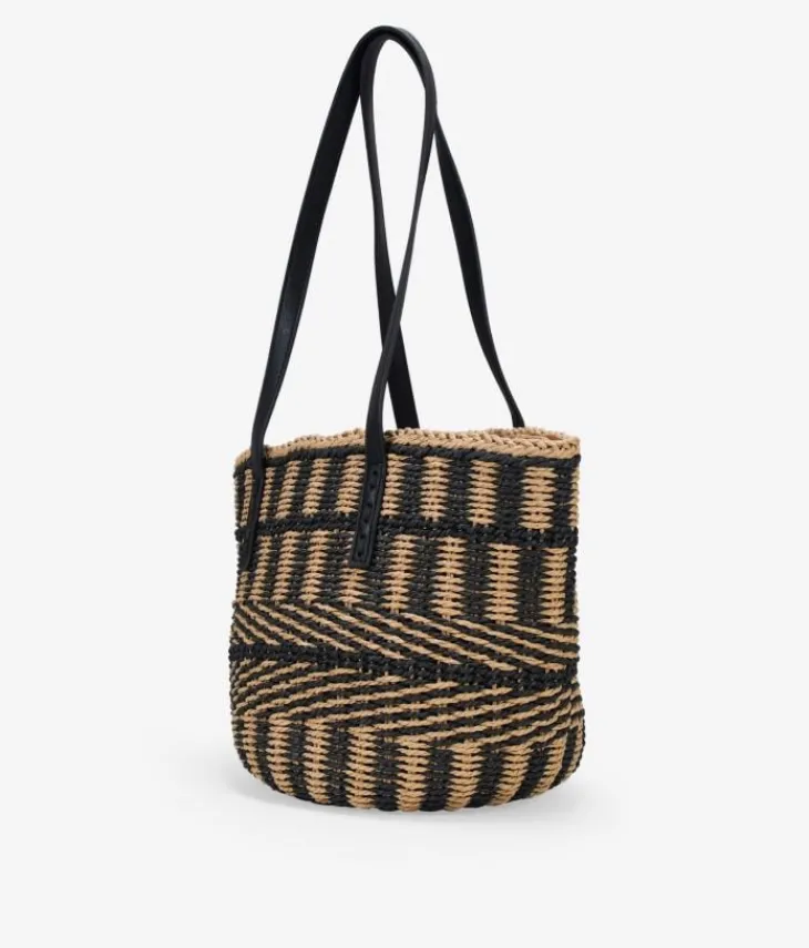 Bosanova Sacs Raphia Et Crochet | Sacs Porté Épaule | Sac fourre-tout beige et noir avec poignées d'épaule