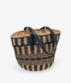 Bosanova Sacs Raphia Et Crochet | Sacs Porté Épaule | Sac fourre-tout beige et noir avec poignées d'épaule