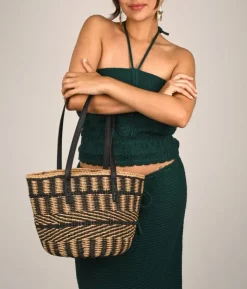Bosanova Sacs Raphia Et Crochet | Sacs Porté Épaule | Sac fourre-tout beige et noir avec poignées d'épaule