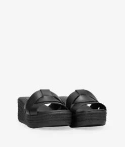 Bosanova Sandales Compensées | Chaussures En Cuir | Sandales à bride arrière en cuir noir avec semelle compensée en sparte