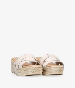 Bosanova Sandales Compensées | Chaussures En Cuir | Sandales à bride arrière en cuir beige avec semelle compensée en sparte