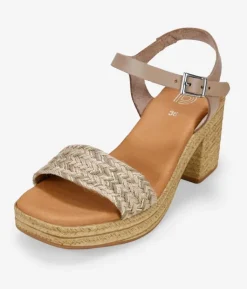 Bosanova Sandales À Talons | Sandales à talons taupe en cuir avec raphia