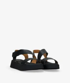 Bosanova Sandales Compensées | Chaussures En Cuir | Sandales compensées en cuir noir à fermeture facile