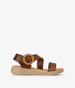 Bosanova Sandales Compensées | Chaussures En Cuir | Sandales compensées en cuir marron avec boucle en raphia