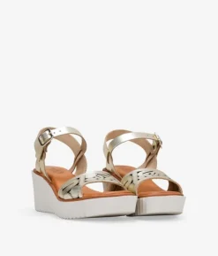 Bosanova Sandales Compensées | Chaussures En Cuir | Sandales compensées en cuir doré avec boucle