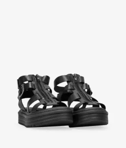 Bosanova Sandales Plateformes | Chaussures En Cuir | Sandales crabes en cuir noir avec fermeture éclair