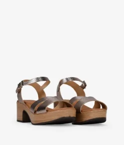 Bosanova Sandales À Talons | Chaussures En Cuir | Sandales en cuir métallisé avec talon effet bois