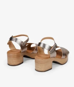 Bosanova Sandales À Talons | Chaussures En Cuir | Sandales en cuir métallisé avec talon effet bois