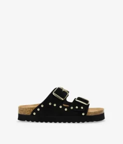 Bosanova Sandales Plateformes | Chaussures En Cuir | Sandales en cuir noir avec boucles et clous métalliques