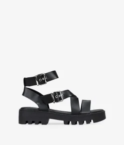 Bosanova Sandales Plateformes | Chaussures En Cuir | Sandales en cuir noir avec semelle track et boucles