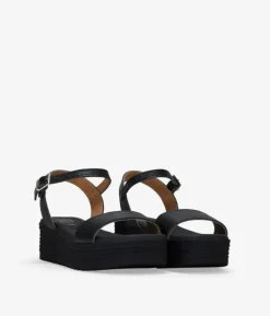Bosanova Sandales Compensées | Sandales Spartiates | Sandales en cuir noir avec semelle compensée effet sparte
