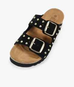 Bosanova Sandales Plateformes | Chaussures En Cuir | Sandales en cuir noir avec boucles et clous métalliques