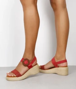 Bosanova Sandales Compensées | Sandales Spartiates | Sandales en cuir rouge avec semelle compensée et boucle