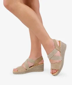 Bosanova Sandales Compensées | Chaussures En Cuir | Sandales en cuir suédé beige avec élastiques